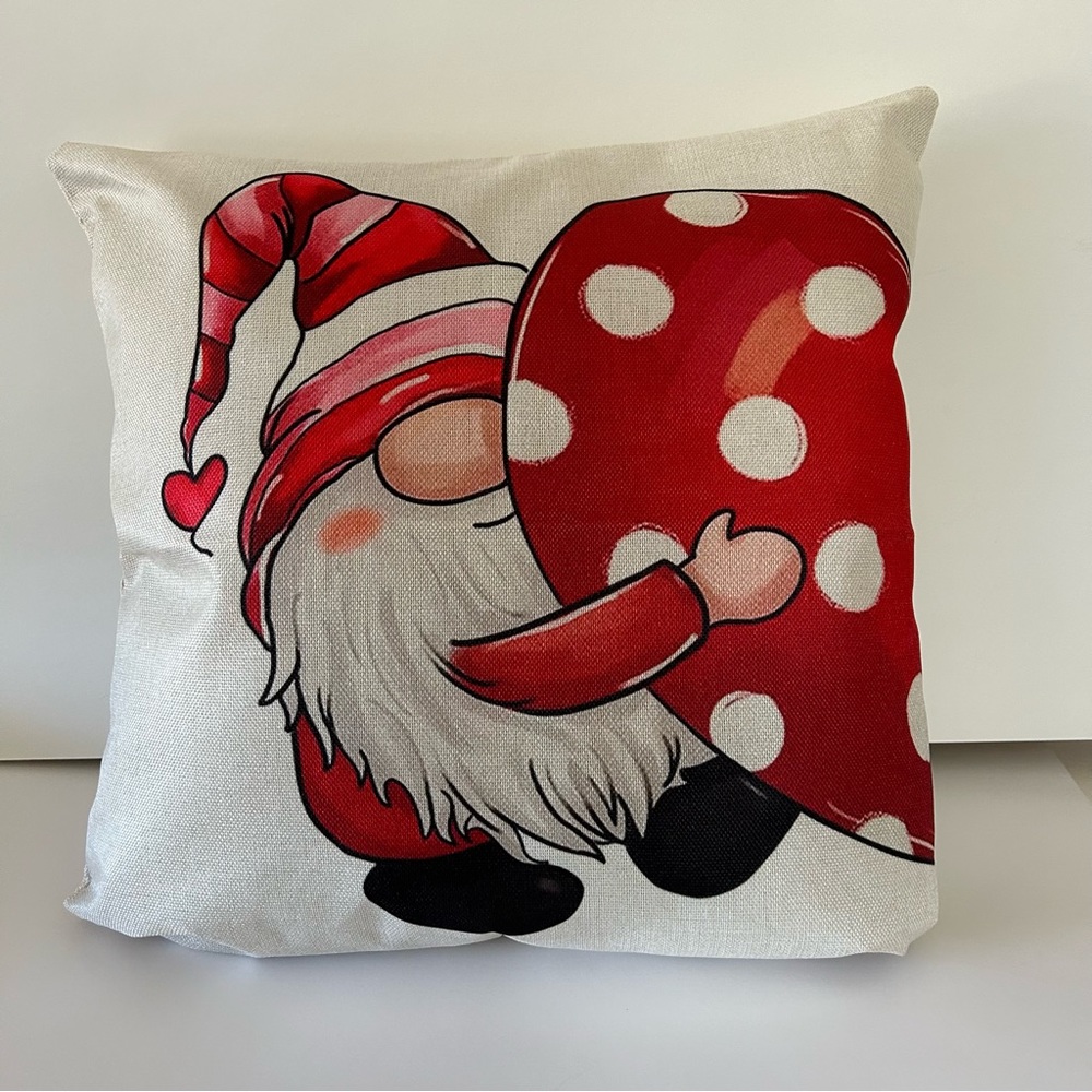 Boy  Gnome Red Heart Love Print Accent Pillow Cover Home Decor 18x18 Canvas - Picture 2 of 2